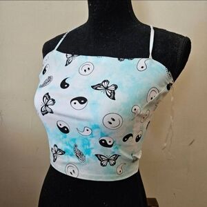 Rue 21 Size L Lace Up Spaghetti Strap Summer Halter Crop Top Blue Tie Dye Butter